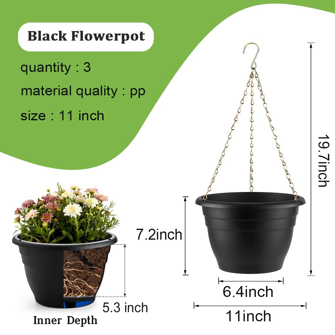 RooTrimmer Hanging Planters 11 Inch, 3 Pcs Flower Pots with Drainage Hole, Self Watering Hanging Basket for Indoor Outdoor Plants, Decor, Black