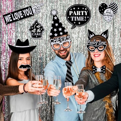 36Pcs Silver Birthday Photo Booth Props, Glitter Silver Party Decorations, Letter Print Card Material