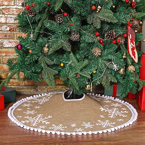 N&T NIETING Burlap Christmas Tree Skirt, 30 Inch Farmhouse Tree Mat with White Snowflakes Printed Pom Poms for Xmas Holiday Party Decoration