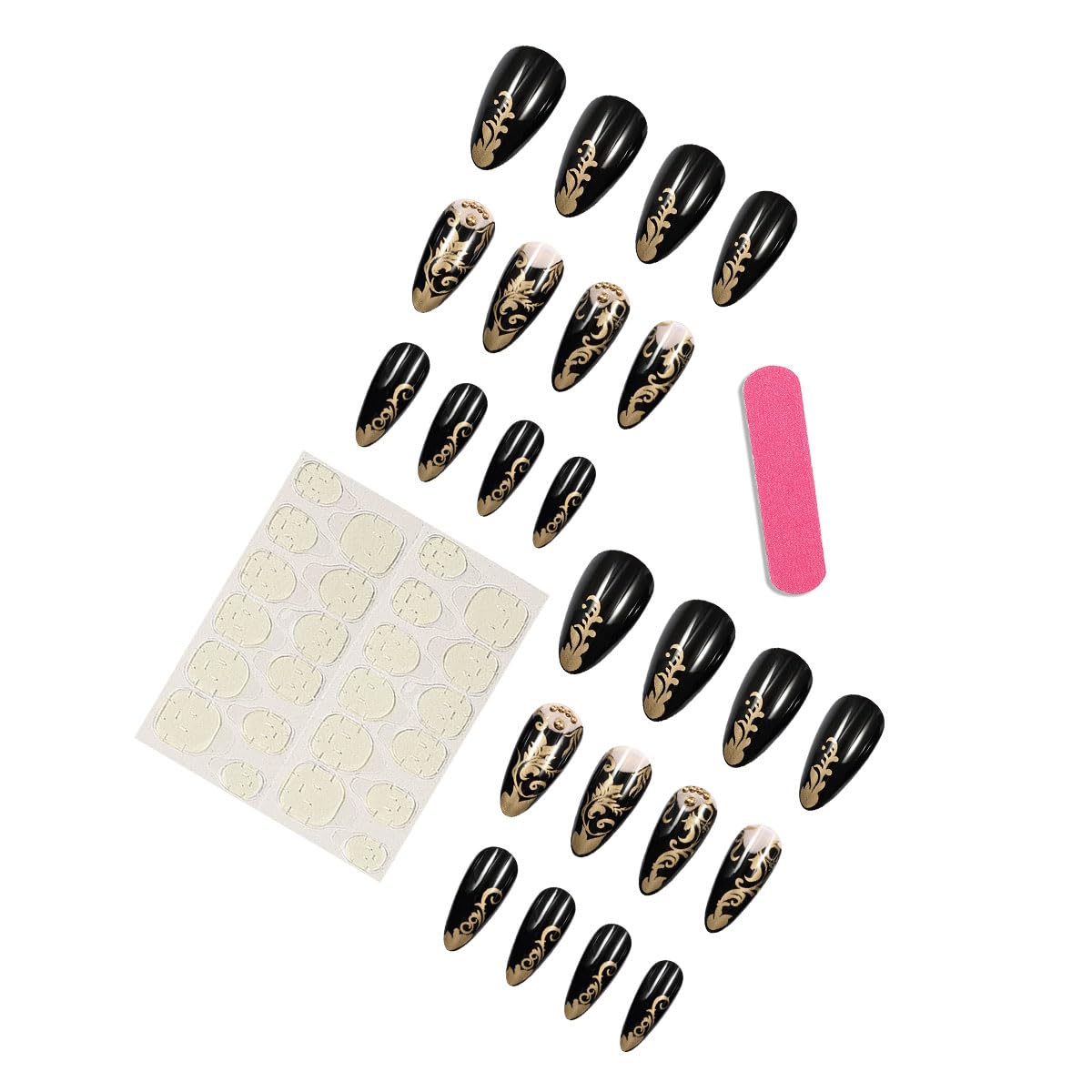 Luxurious Black and Gold Baroque 24Pcs Long Stiletto Shape, 3D Golden Filigree & Rhinestone Accents – Elegant Gothic Victorian Style False Nails, Reusable