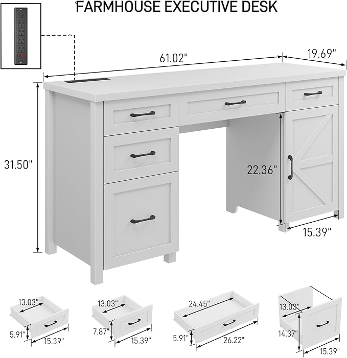 Farmhouse 61'' Executive Desk with 5 Drawers, Rustic Office Desk Computer Desk with Charging Station, File Drawers and Storage Cabinet, Wood Workstation for Study and Home Office,(Cream White.)