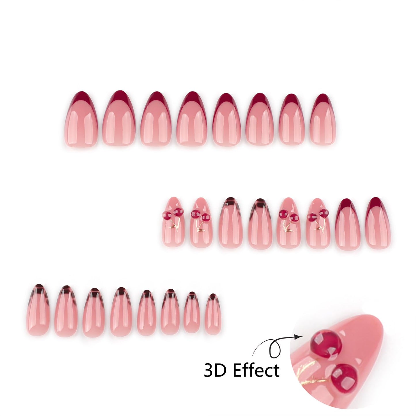 Mivota Medium Press On Nails Almond – 3D Cherry Design with Gold Branch, Red French Tips & Leopard Pattern, 24PCS Acrylic Fake Nails with Glue & Tools, Glossy Reusable Stick On Nails for Women