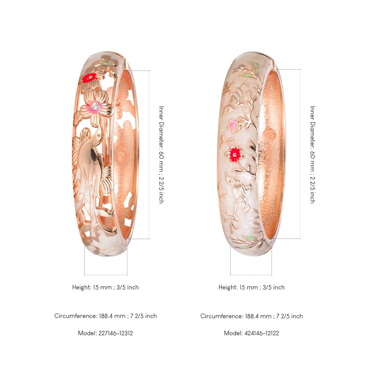 UJOY Colors Handcraft Jewelry Cloisonne Bracelet Enamel Hollowed Bird Spring Hinged Womens Bangles Gifts Box 88A31-55C49 Beige White