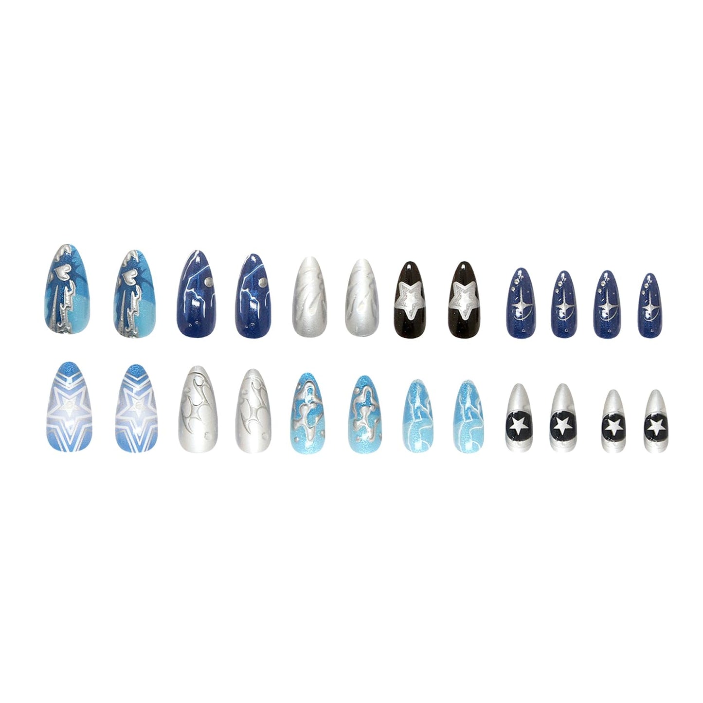 24Pcs Dark Blue Press on Nails Medium Almond Fake Nails with 3D Ripple Irregular Silver Line Star Design Glossy French Nails Tip Stick on Nails Full Cover Artificial Glue on on Nails for Women