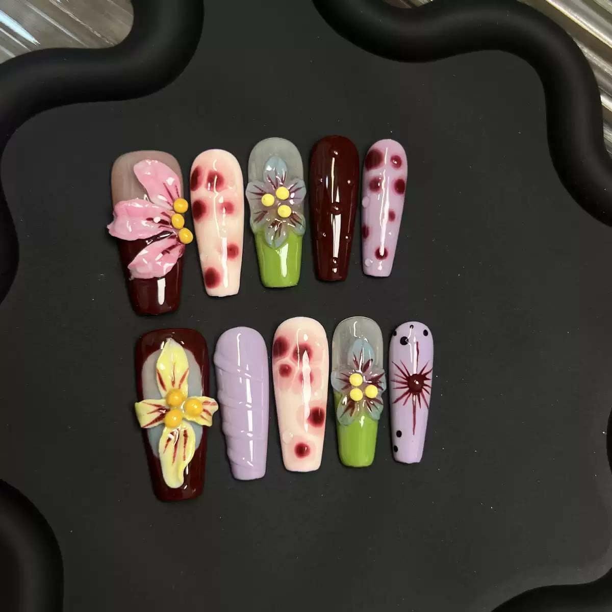 10 Pcs Coffin Press On Nails Handmade Fake Nails 5D Flower Charms With Design Long False Nails Full Cover Acrylic Nail Artificial Reusable Stick On Nail For Women (SIZE:S)