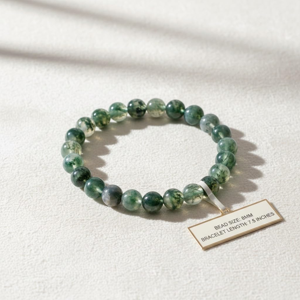 The Vida Handmade AAA+ Quality Crystal Stretch Elastic Bracelet - Nature Gemstone - Jewelry Gift - Holiday Gift - For Women & Men (Moss Agate)