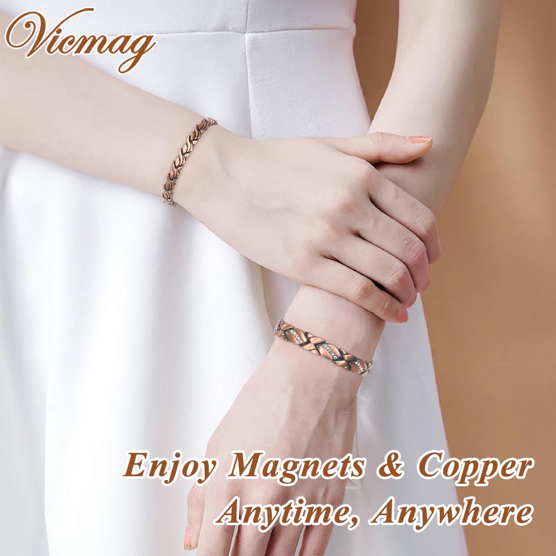 Vicmag 2PCS Copper Magnetic Bracelet for Women 99.9% Solid Pure Copper Strong Magnets Jewelry Gift Adjustable Length