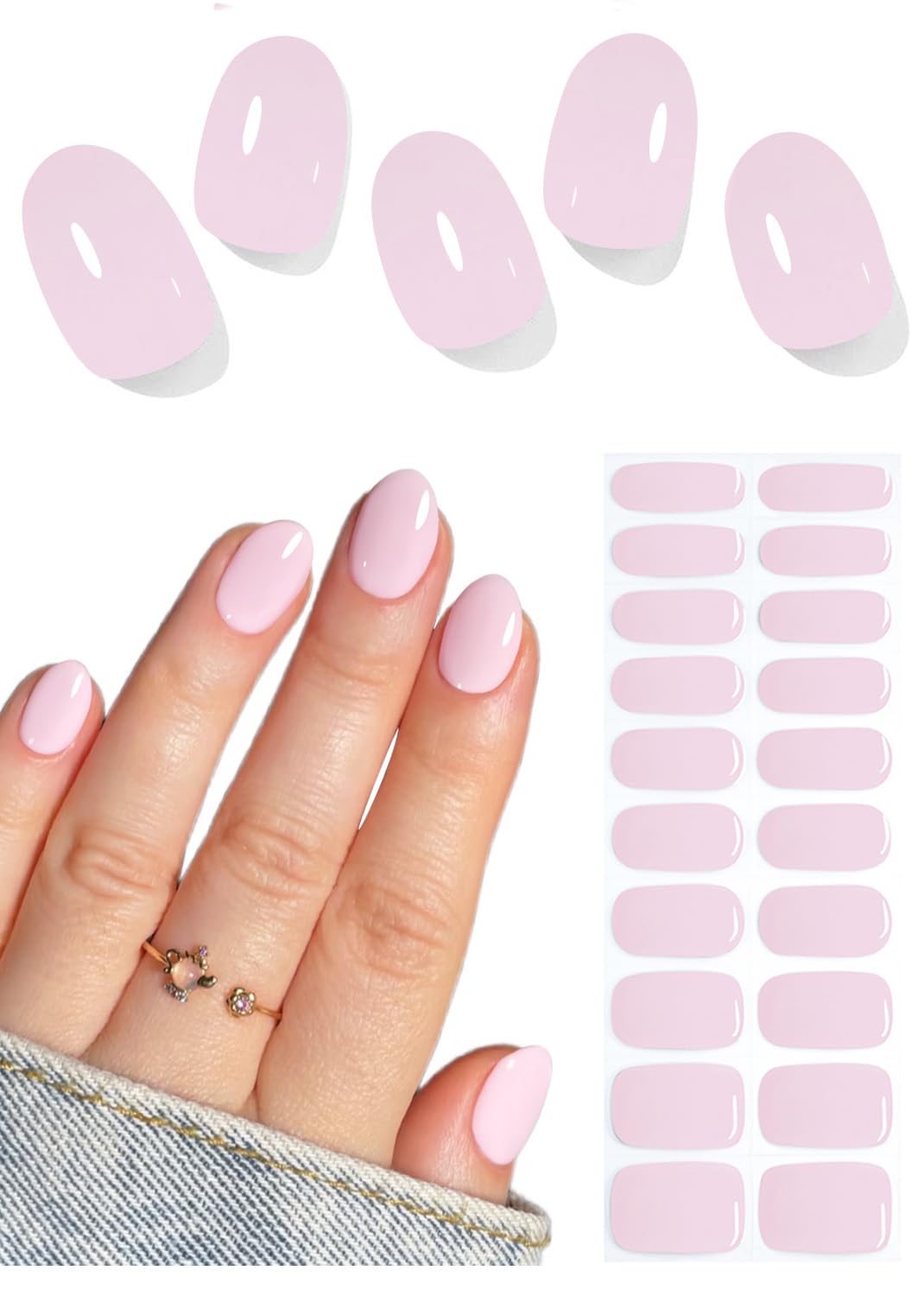 UV Gel Nail Stickers, Pink 20pcs Semi Cured Gel Nail Strips, Wraps for Home Manicure DIY