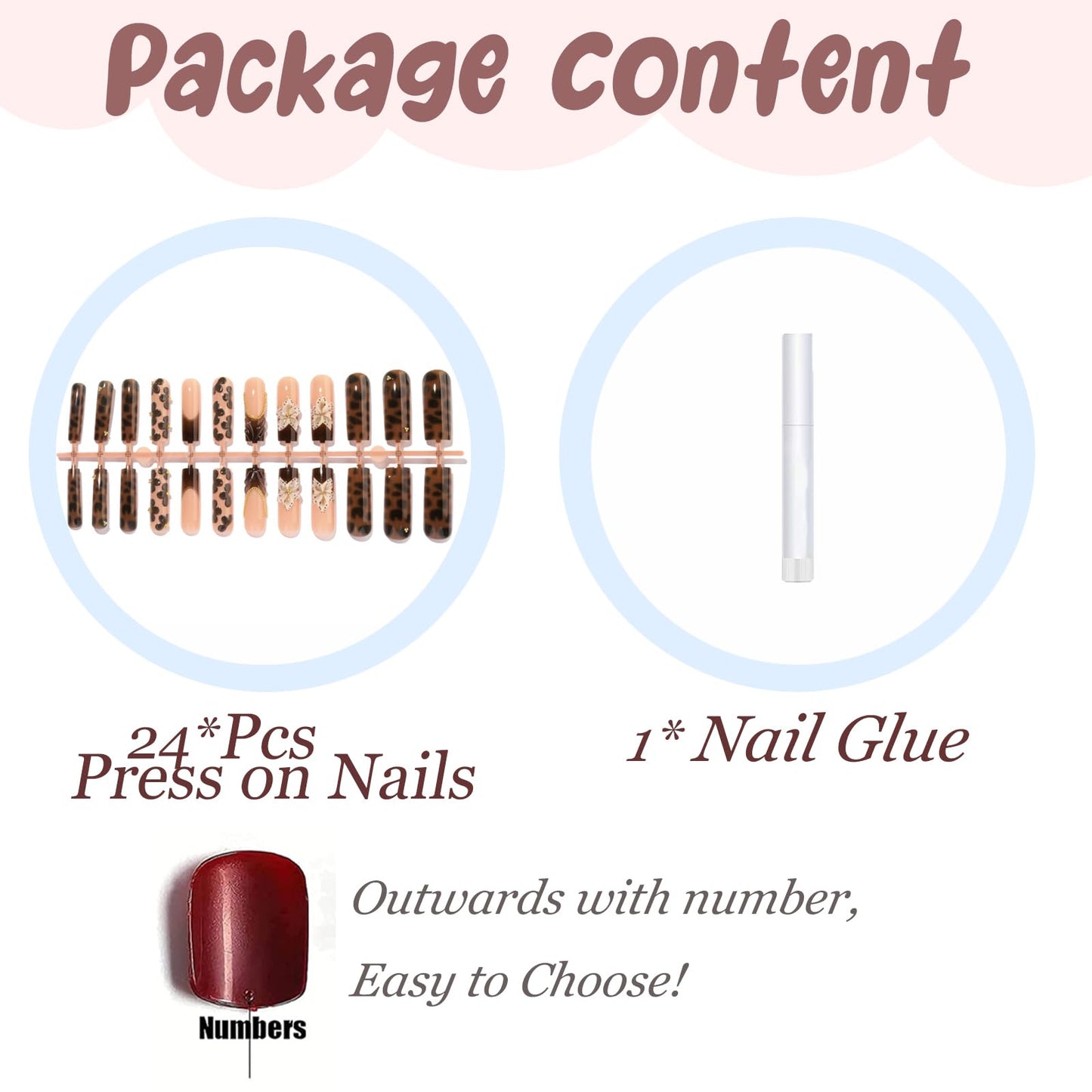 BABALAL Long Square Press on Nails - Brown Tortoise Fake Nails, French Tip, 3D Flower, Y2k Acrylic Design, Thick Fake Nails 24Pcs Custom