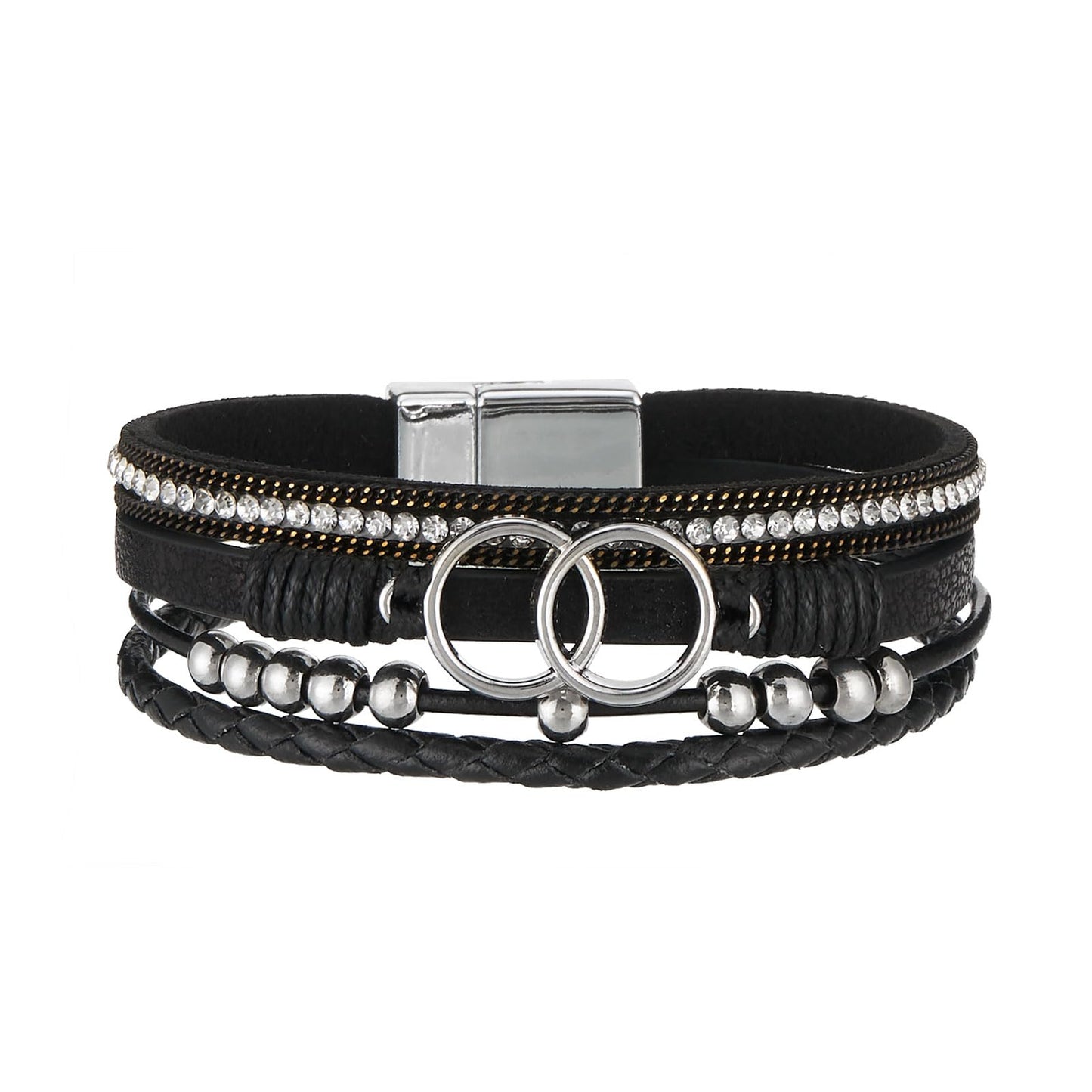 QIUTIMIY Leather Bracelets for Women Trendy Boho Cuff Bracelet Layered Bangle with Clasp Hand Wrist Jewelry Western(Style 8-Black)