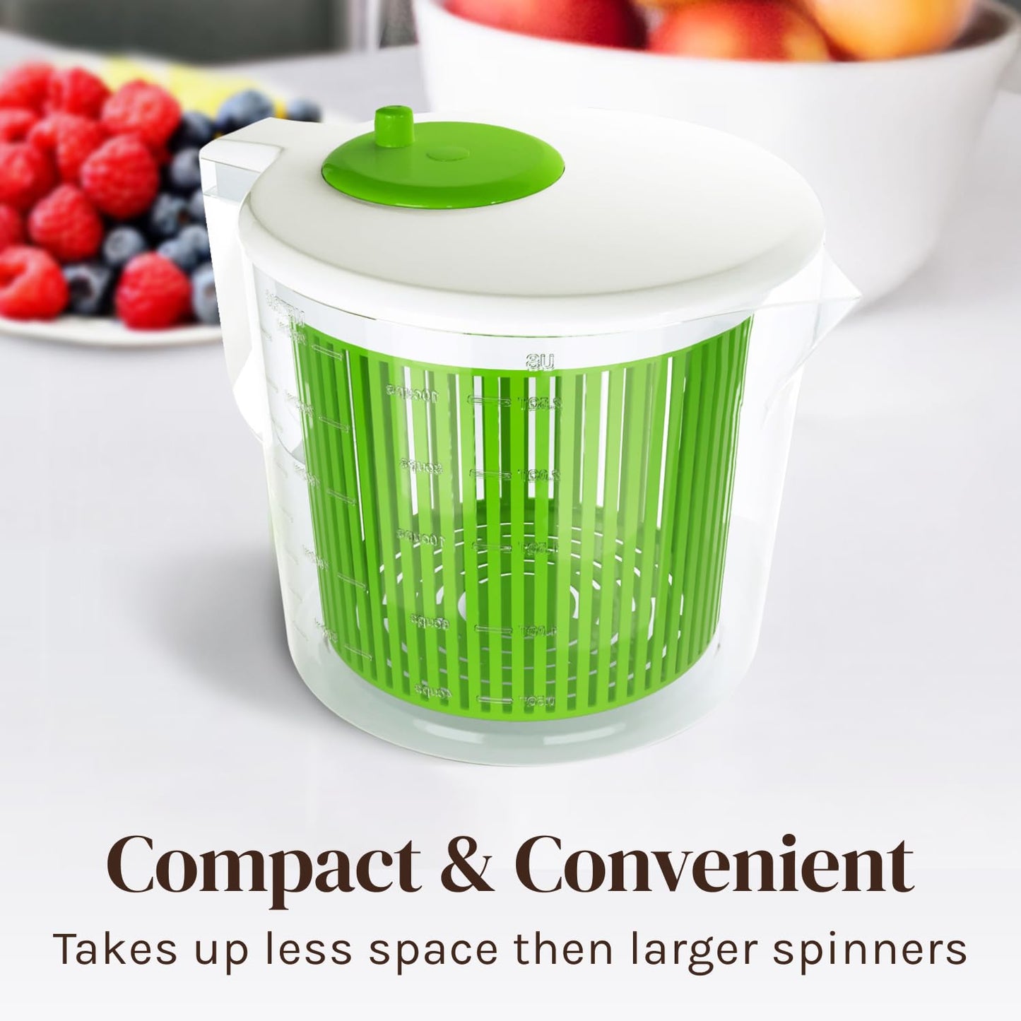 Cooler Kitchen Small Salad Spinner — Mini Lettuce Spinner and Dryer with Measuring Cup Bowl — Compact Veggie & Fruit Washer, Salad Dryer Spinner — Dishwasher Safe, BPA-Free