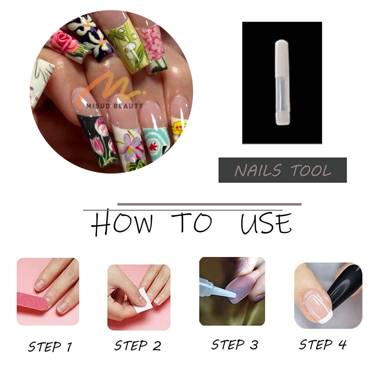 MISUD Press on Nails - Long Square Fake Nails with Colorful Flower, Acrylic French Tip Design 24 pcs