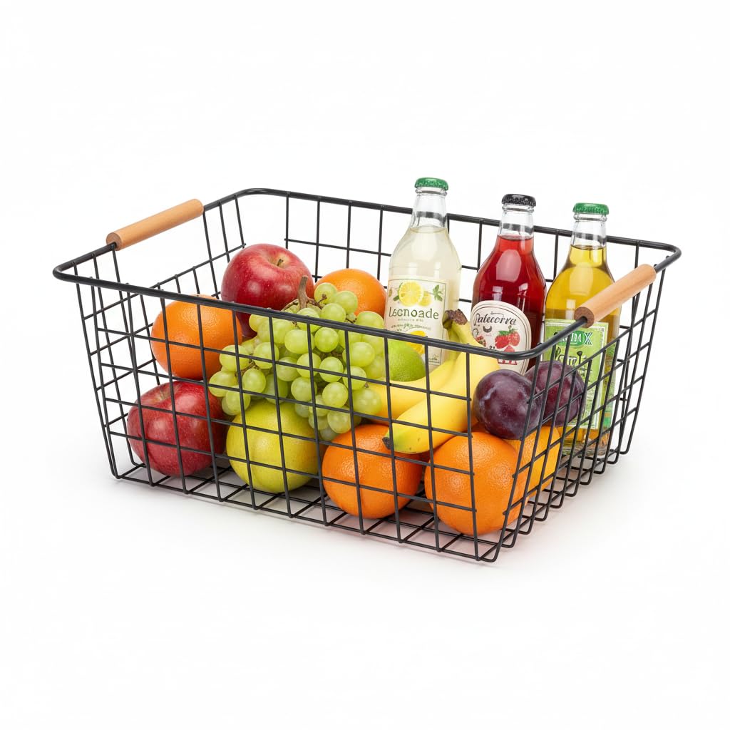 HDYOUDO 4 Pack Black Large Wire Baskets for Organization Metal Wire Food Storage Basket Organizer with Wooden Handles for Organizing Kitchen Cabinets