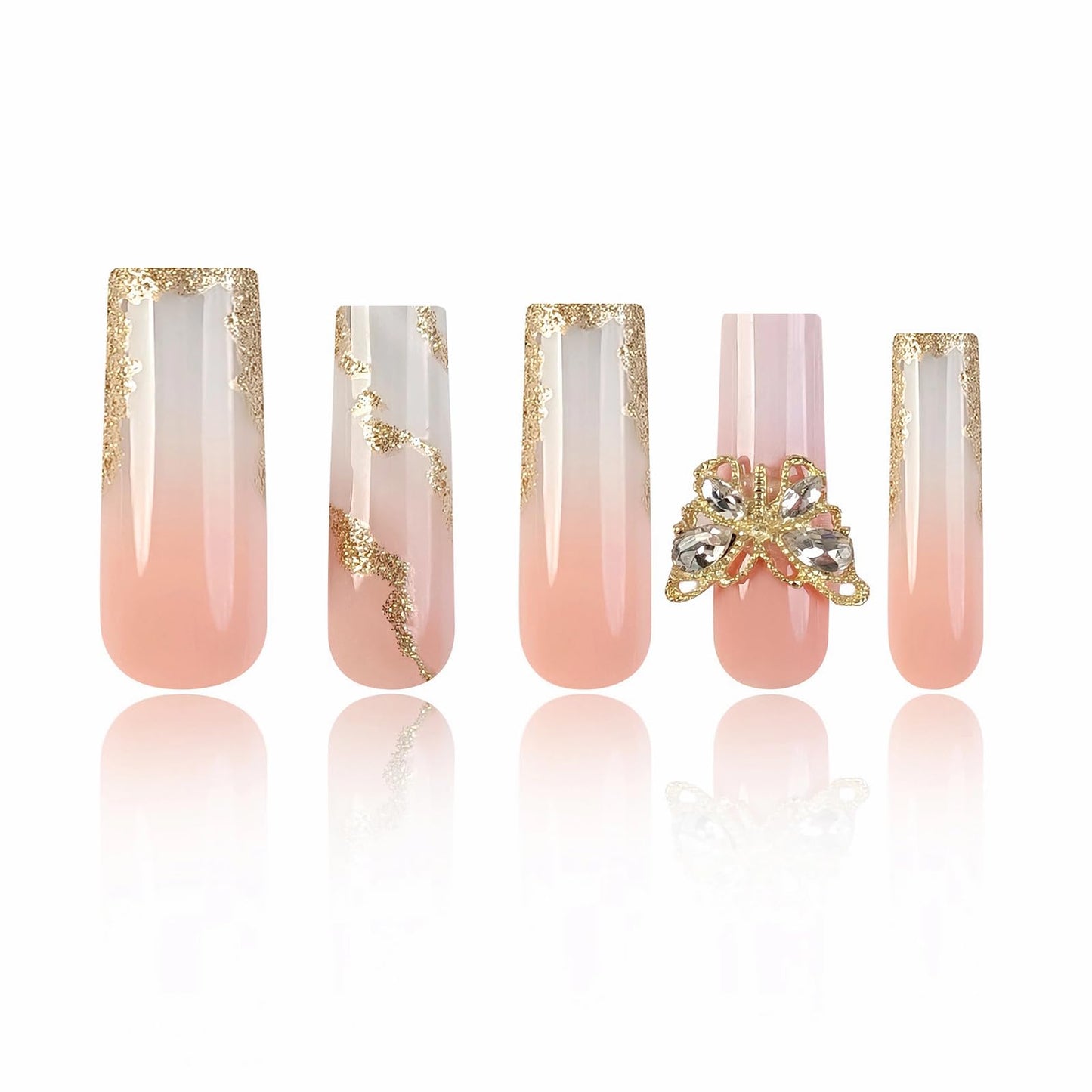 MISUD Press on Nails - Long Square Glue on Nails with Ombre, Acrylic Gold Butterfly Design 24 pcs