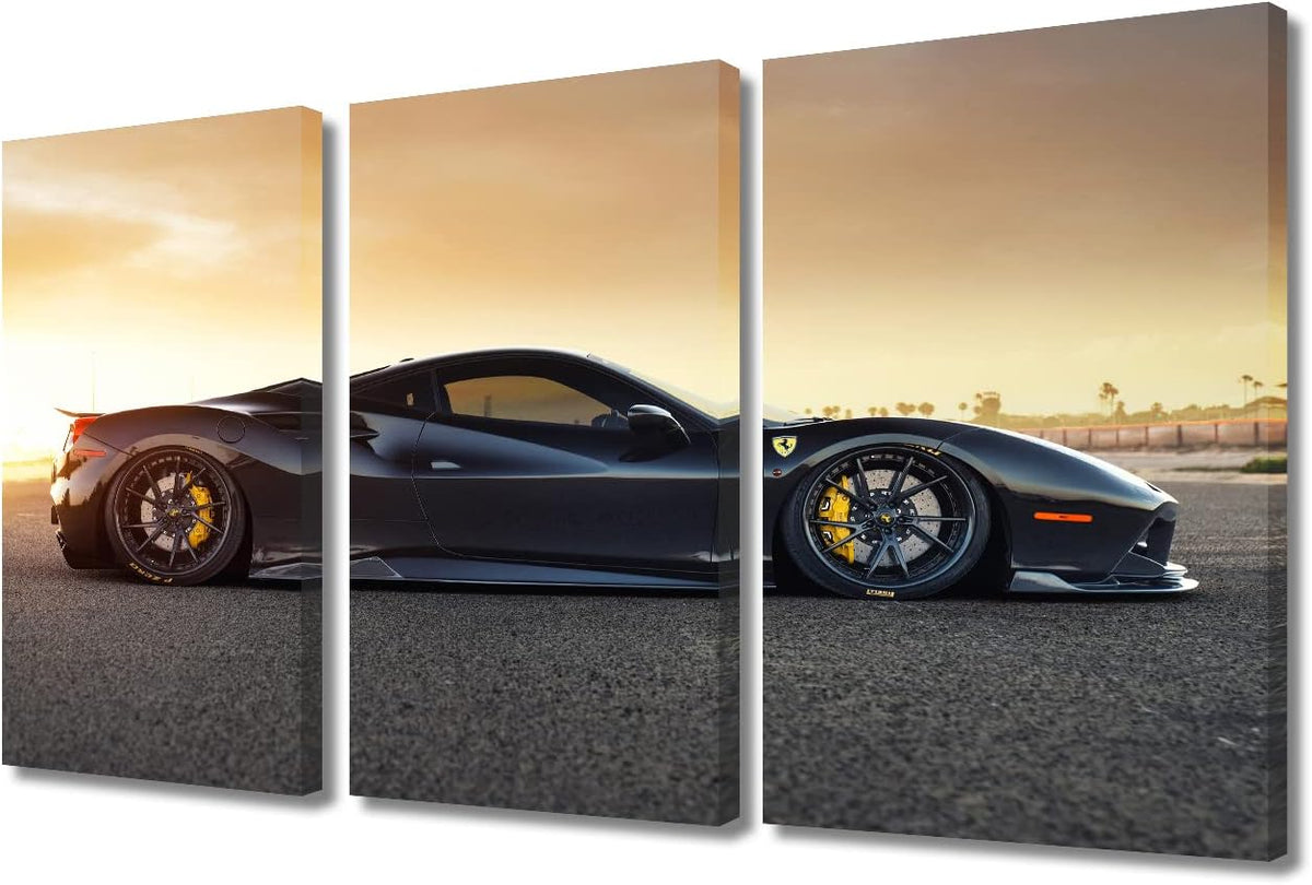 TUMOVO Car Poster Wall Art for Living Room Black Sports Car at Sunset Canvas Wall Art Speed Racing Cars Contemporary Wall Art Prints Modern Artwork Ready to Hang for Boys Bedroom Office, 36" Wx24 H