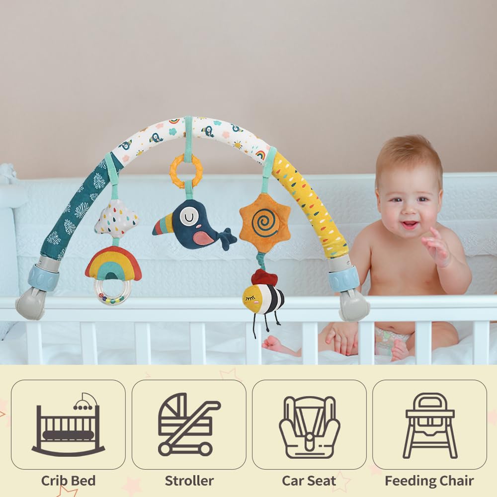 Caterbee Baby Bouncer Toy bar, Stroller & Crib Accessory, Pram Activity Bar Toy Travel Arch Bassinet Toys for Toddlers (Sky)