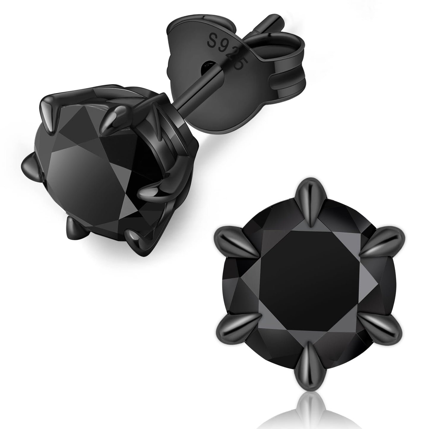 KRKC Black Moissanite Stud Earrings, 2ct, Sterling Silver, Hypoallergenic, Friction Back for Men Women