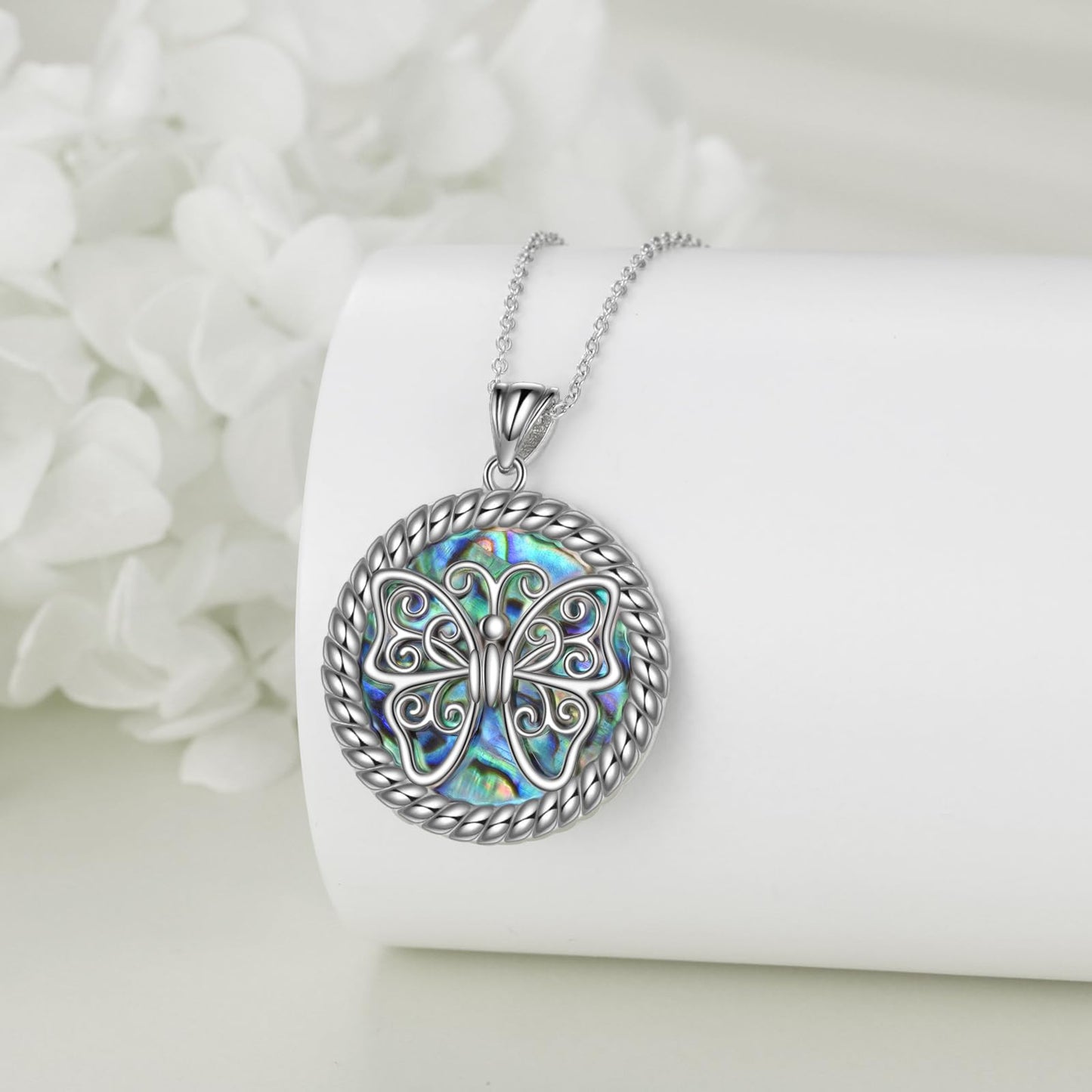 KQF Butterfly Necklace 925 Sterling Silver Filigree Butterfly Pendant Abalone Shell Jewelry Gift for Women Mom Daughter