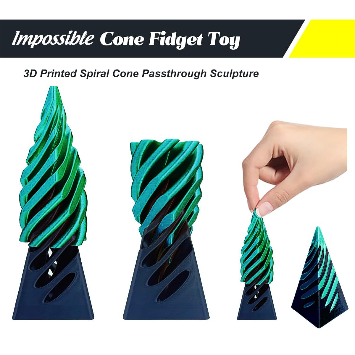 Impossible Cone (3PCS), 3D Printed Spiral Cone Fidget Toy, Impossible Pyramid Passthrough Sculpture, Mini Stress Relief Desktop Decorations Toy for Kids Adult Gift (Laser Blue Green)