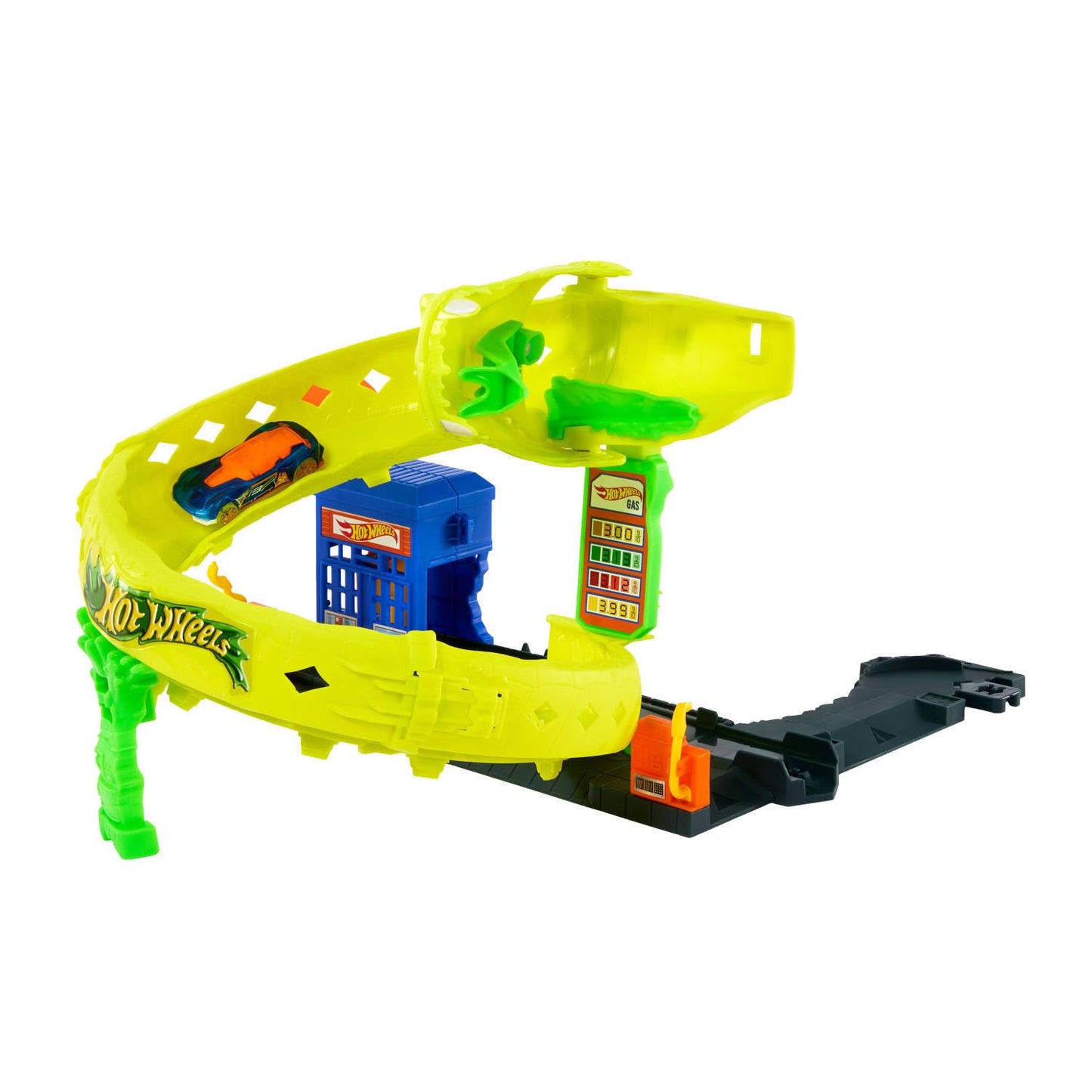 Hot Wheels Toy Car Track Set, Snake Gas Station Playset with 1:64 Scale Die-Cast Vehicle, 2 Ways to Play, Corkscrew Loop & Speed Snap Track