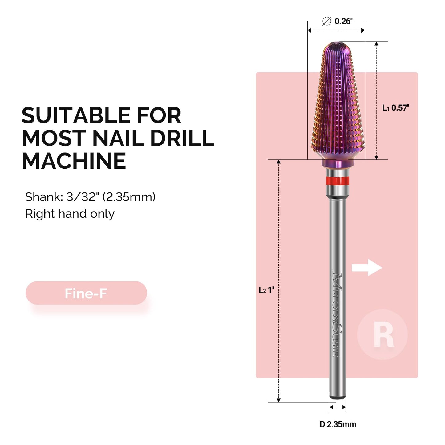 MelodySusie Professional Tornado Nail Drill Bits, 3/32'' Carbide Tungsten Multi-function Bits, Suitable for Manicure Pedicure Cuticle Gel Polishing, Salon Bits, Purple, Series Bit-X, Fine