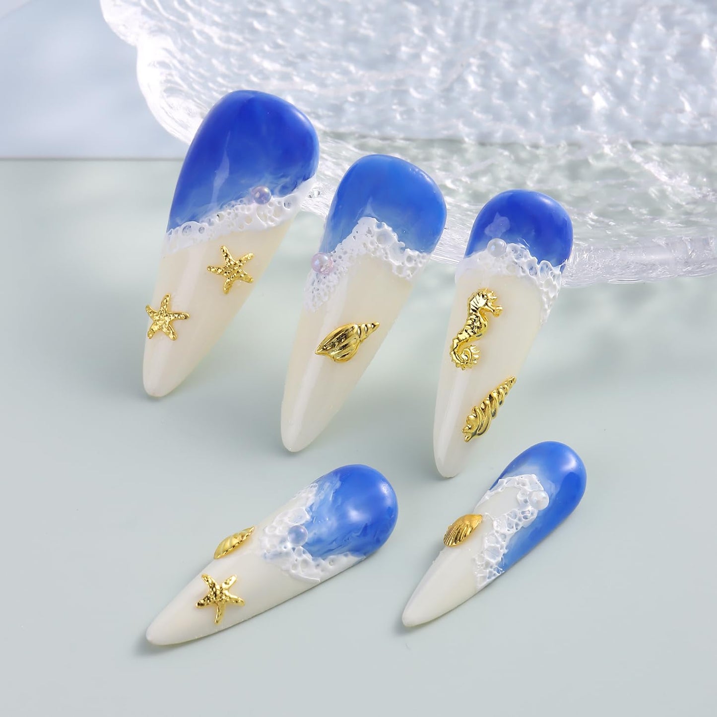 Furtherpretty 3D Beach Nail Charms, Gold Metal Starfish & Seashell Nail Charms,Tropical Ocean Nail Art Decorations, Summer Nail Accessories for DIY Manicure, Concha nácar para uñas