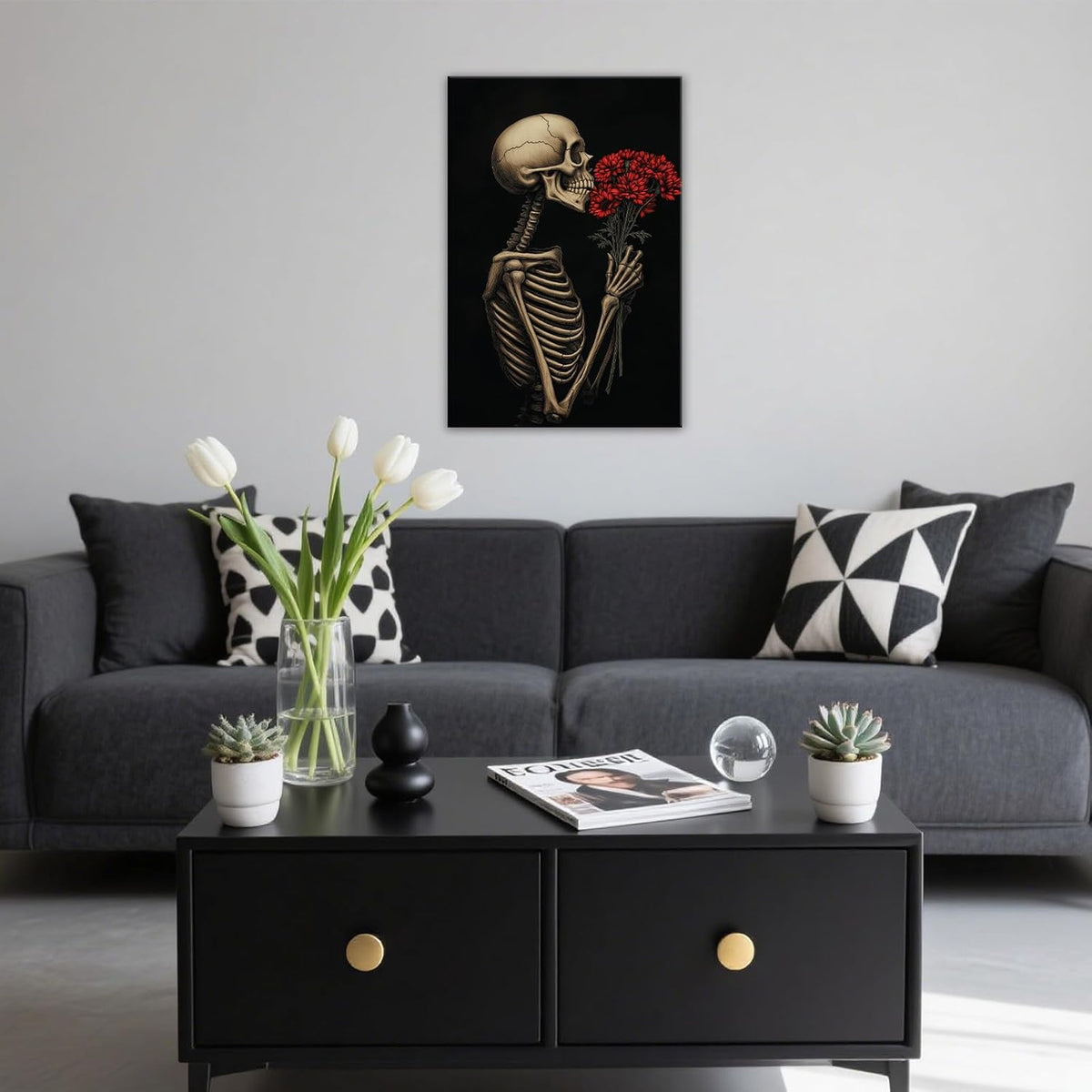 OAAPITI Red Rose Skull Wall Art Dark Themed Skeleton Painting Modern Artwork for Gothic Home Decor(Artwork-5,24"x36")