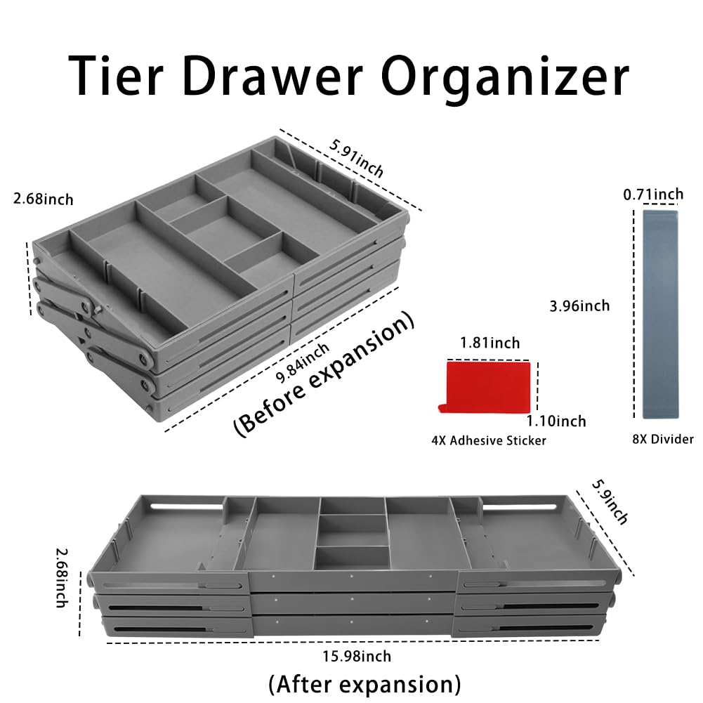 Abnaok 3 Tier Drawer Organizer Multi Level Collapsible Expandable Desk Organizer Trays for Office Supplies, Kitchen Gadgets Utensils, Vanity, Makeup, Jewelry
