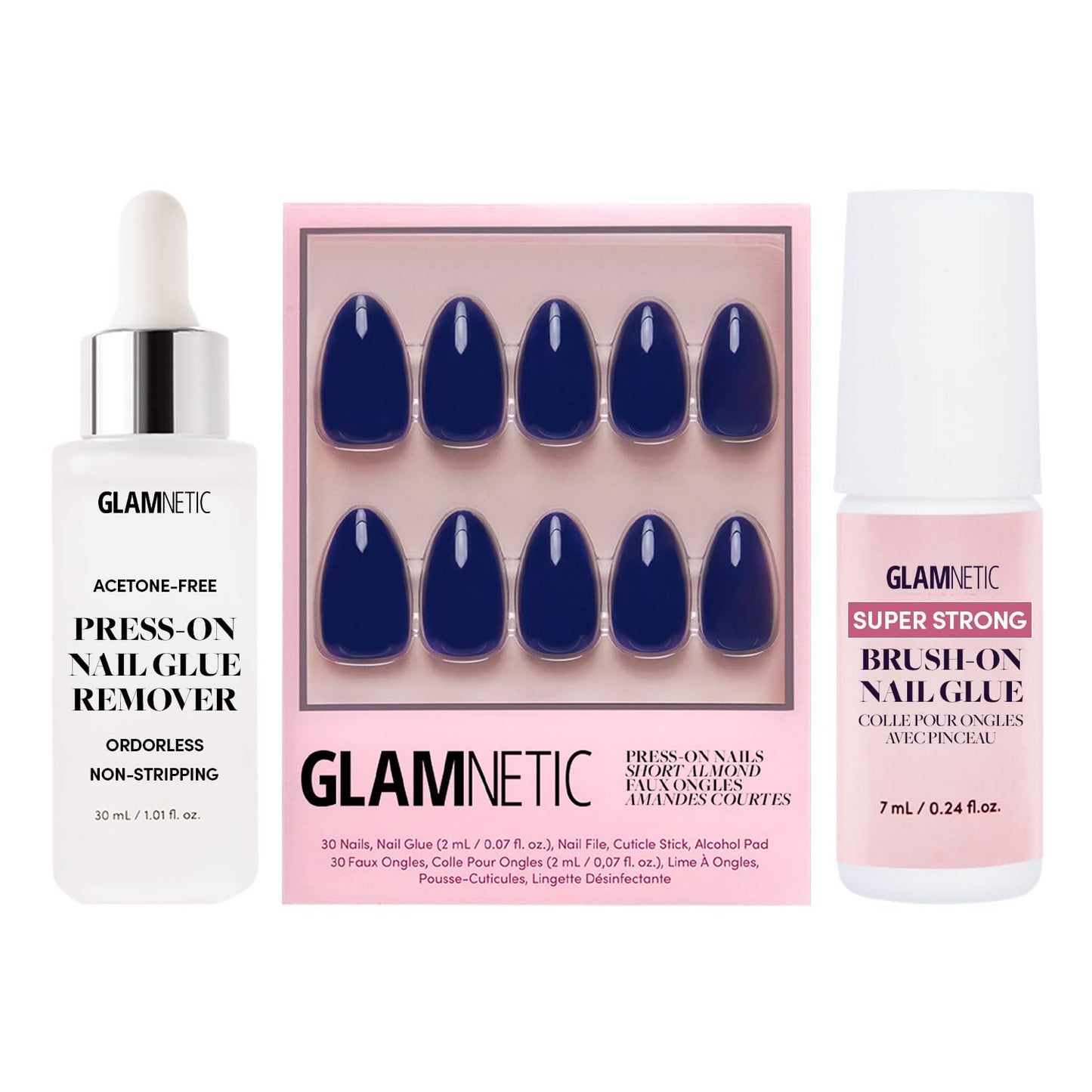 Glamnetic Press-On Nails - Midnight Blue | Dark Navy Blue Short Almond False Nails | 15 Sizes - 30 Nail Kit with Glue and Remover