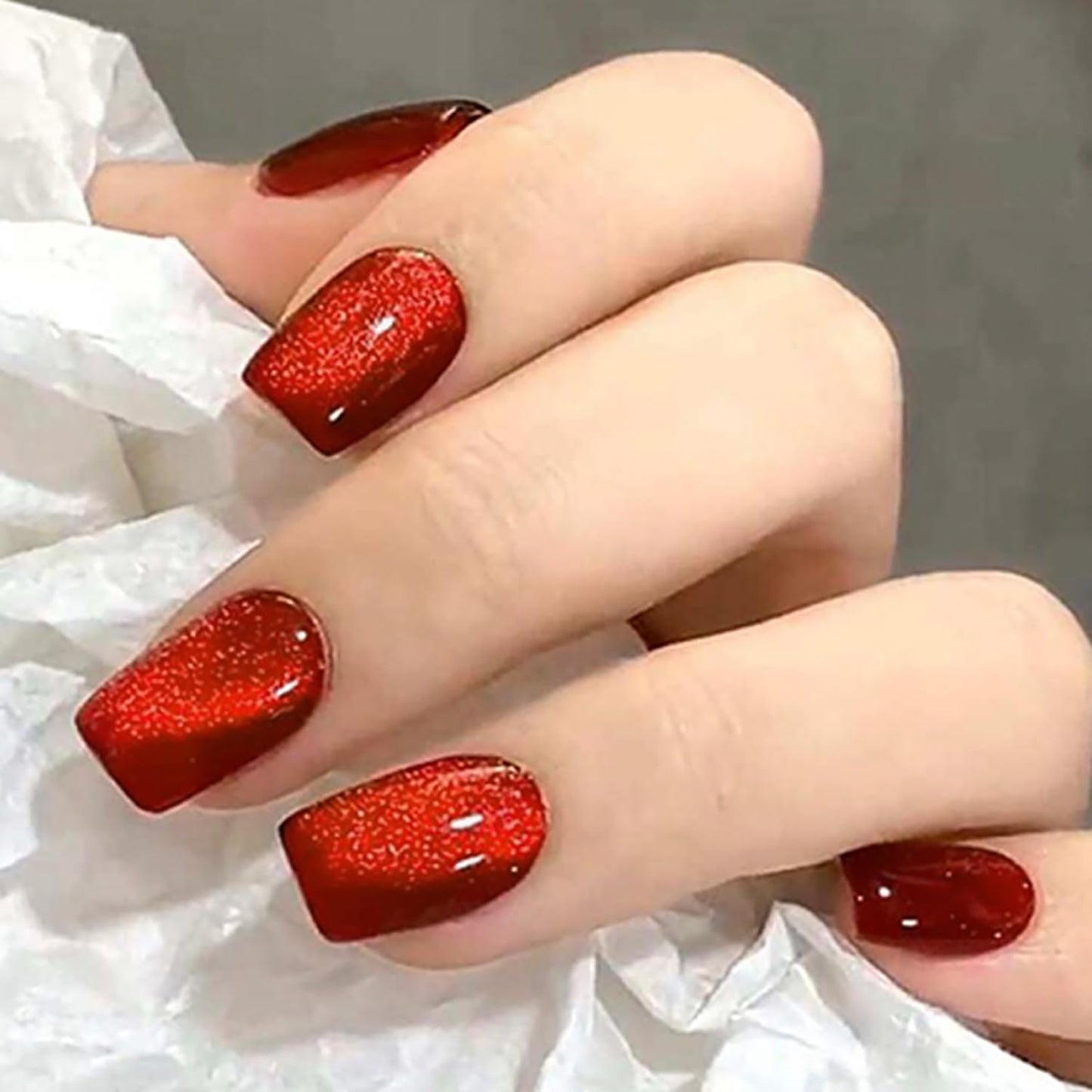 30Pcs Red Glitter Press On Nails Short Square Fake Nails Glitter Stick On Nails Press Ons Red Glossy Reusable False Nails Full Cover Artificial Glue On Nail For Women Nail Supplies