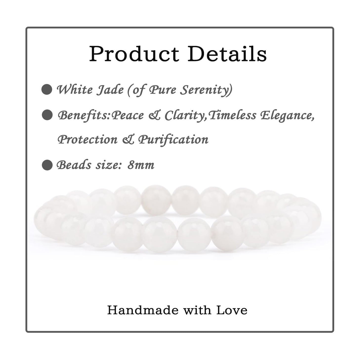 Bymitel 8mm White Jade - Handmade Reiki Gemstone Stretch Bracelet, Natural Beauty & Spiritual Essence, Crystal Healing for Unisex Adults