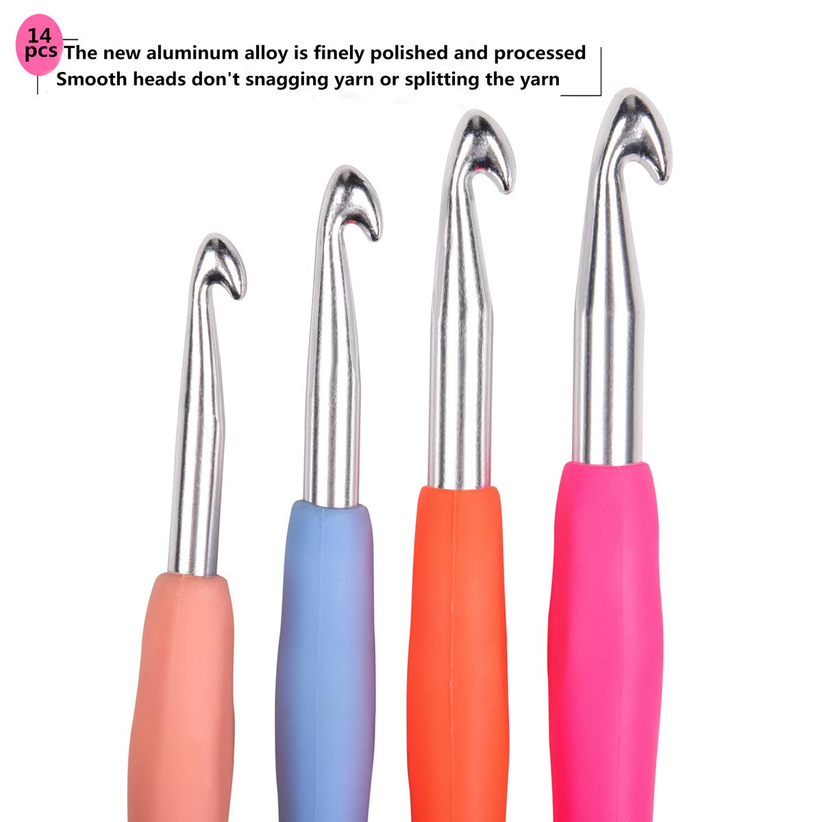 YOKER Crochet Hooks Set, 14 Sizes 2mm(B)-10mm(N) Ergonomic Crochet Needles with Case for Arthritic Hands, Extra Long Crochet Kit
