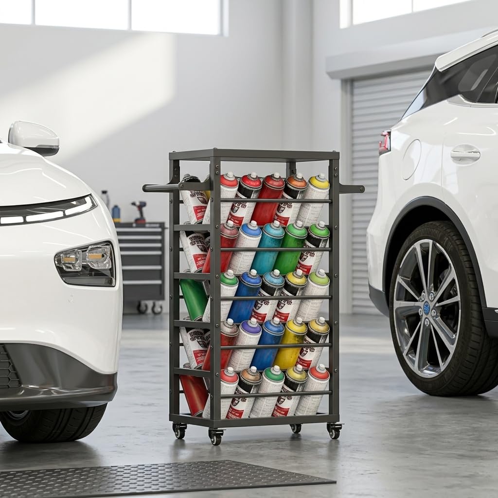 FOREVEROU 50 Can Spray Paint Rack Organizer, Large Capacity Rolling Spray Paint Storage Cart, Metal Aerosol Can Holder for Garage, Auto Shop, Craft Room & Home Mobile Organization