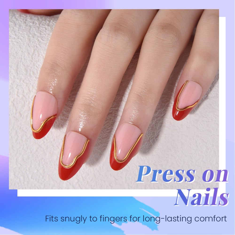 evpct French Tip Press On Nails Short Almond, Nude Pink + Gold Line & Ruby Red Tips, Glossy Short Almond Fake False Press on Nails, Reusable Gel Stick on nail Press ons with Nail Kit, Salon Quality