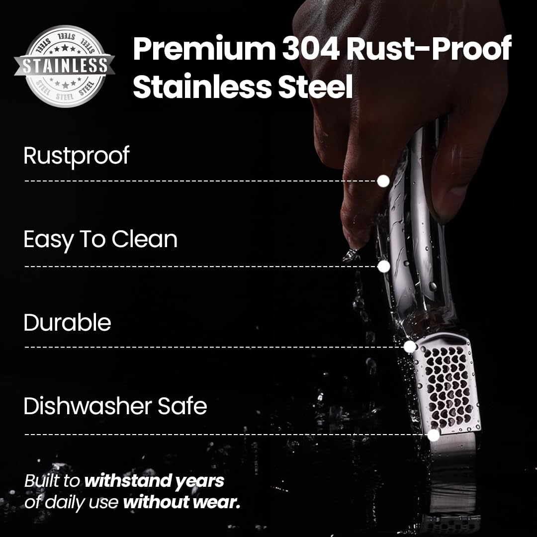 No Peeling Required Garlic Press Stainless Steel with Two Detachable Handles for Coarse & Fine Mincing-Premium Garlic Mincer Tool, Easy to Clean, Dishwasher Safe Garlic Crusher, Lifetime Replacement