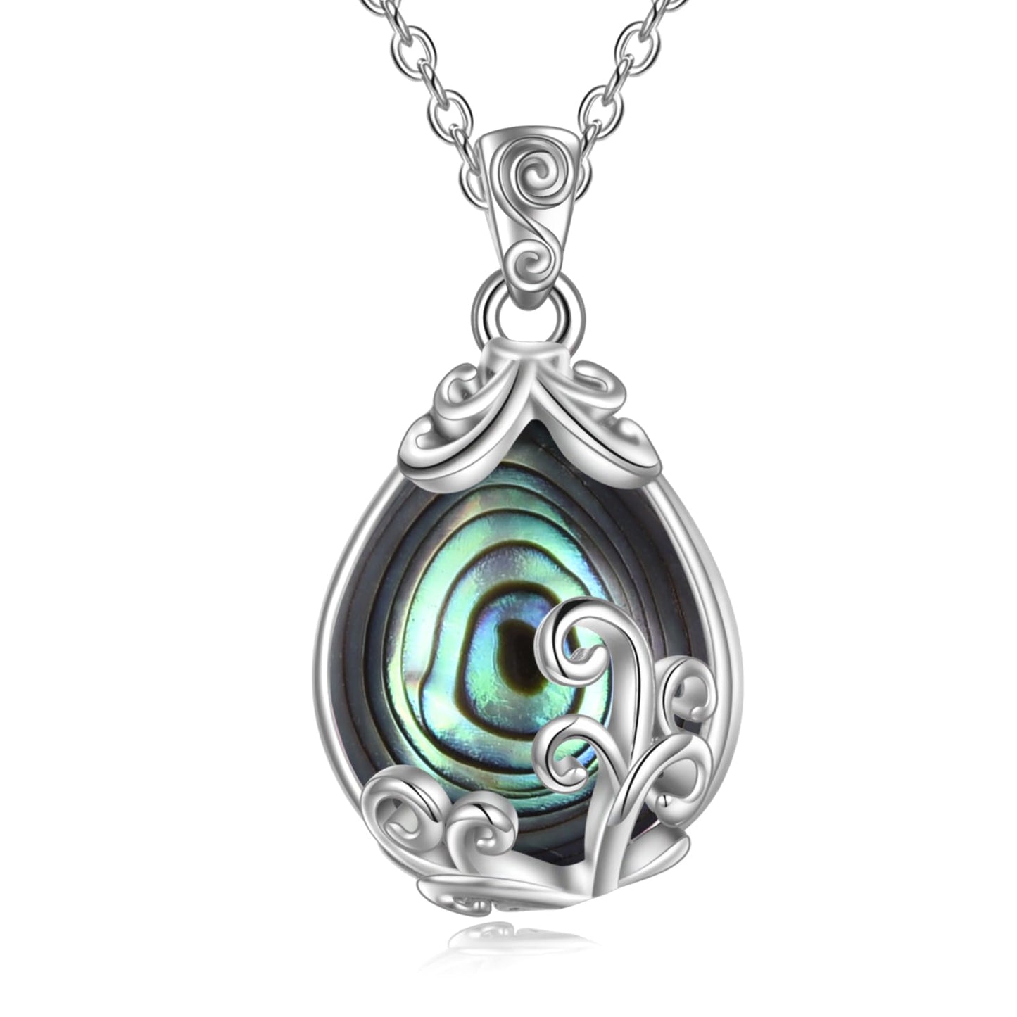 POPLYKE Sterling Silver Abalone Shell Filigree Teardrop Pendant Necklace Gemstone Crystal Jewelry for Women