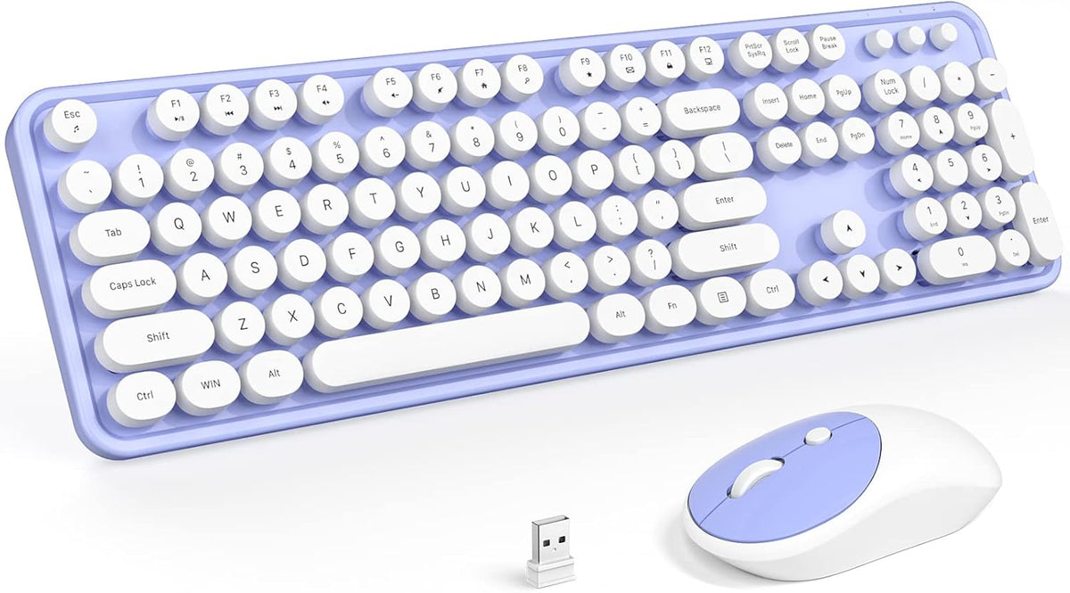 KNOWSQT Wireless Keyboard and Mouse Combo - White-Purple Full-Sized 2.4 GHz 104 Keys Typewriter Cute Keyboard, Round Keycap and Optical Mouse for Windows, Computer, PC, Laptop, Desktop