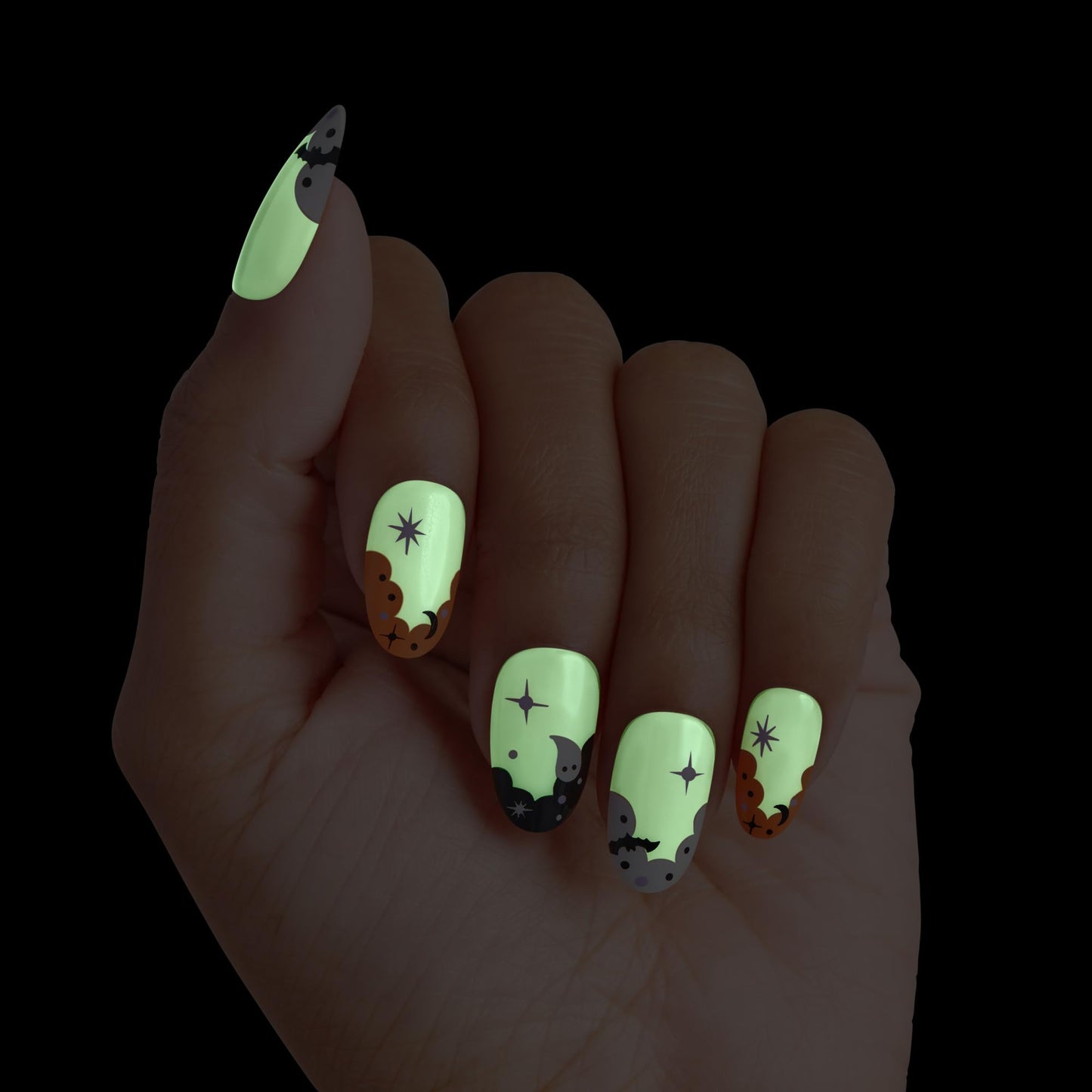 KISS imPRESS Halloween Press On Nails, ‘The Creeps’, Multicolored, Medium Oval, Glossy Finish, No Glue, Glow-In-The-Dark, Includes Prep Pad, Mini Nail File, Manicure Stick & 30 Fake Nails