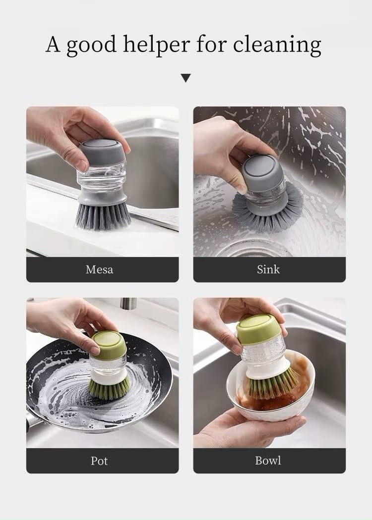 Soap Dispenser Palm Dish Brush with Storage Bracket – Drainage Base, Easy-to-Clean Kitchen Utensil Cleaner | Includes Extra Soft Bristle Brush Head (Gray)