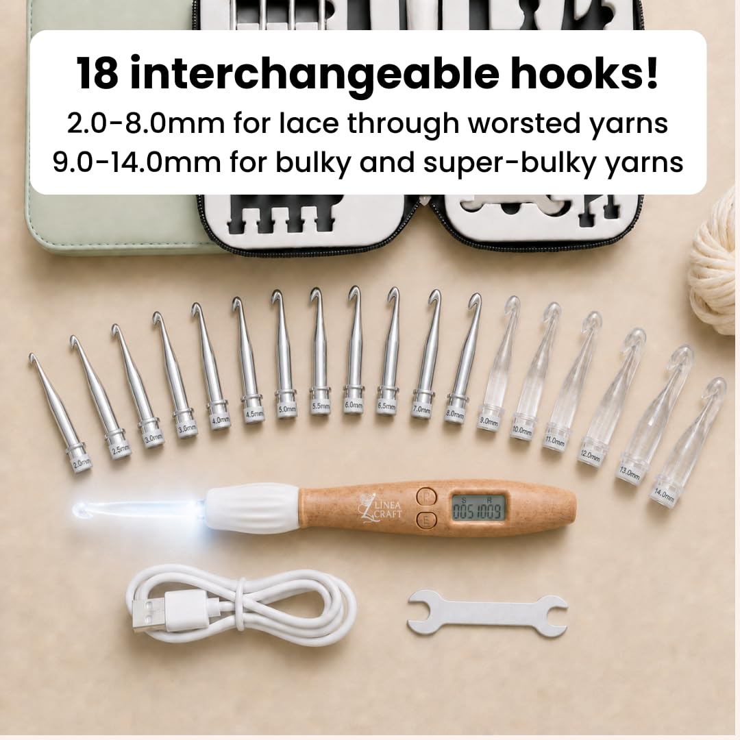LineaCraft Counting Crochet Hook Set with Light & Counter – 18 Sizes Interchangeable Hooks Kit for Beginners, Light up, Digital Stitch & Row Counter, Ergonomic for Arthritic Hands – Crochet Gift