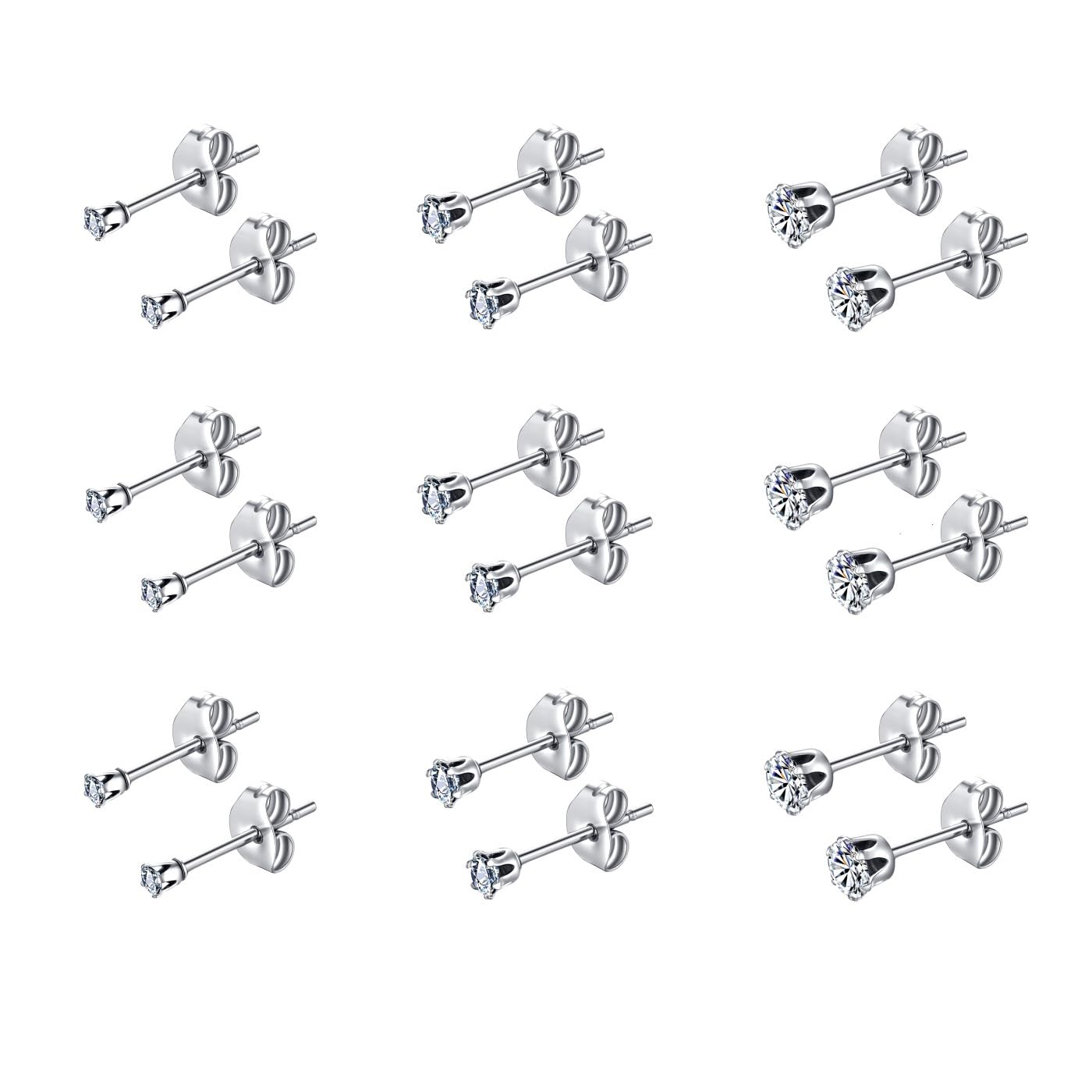 FOSIR Stud Earrings for Women, Stainless Steel 9 Pairs Cubic Zirconia Earrings Studs for Women, Hypoallergenic Earrings Set, 2mm 3mm 4mm