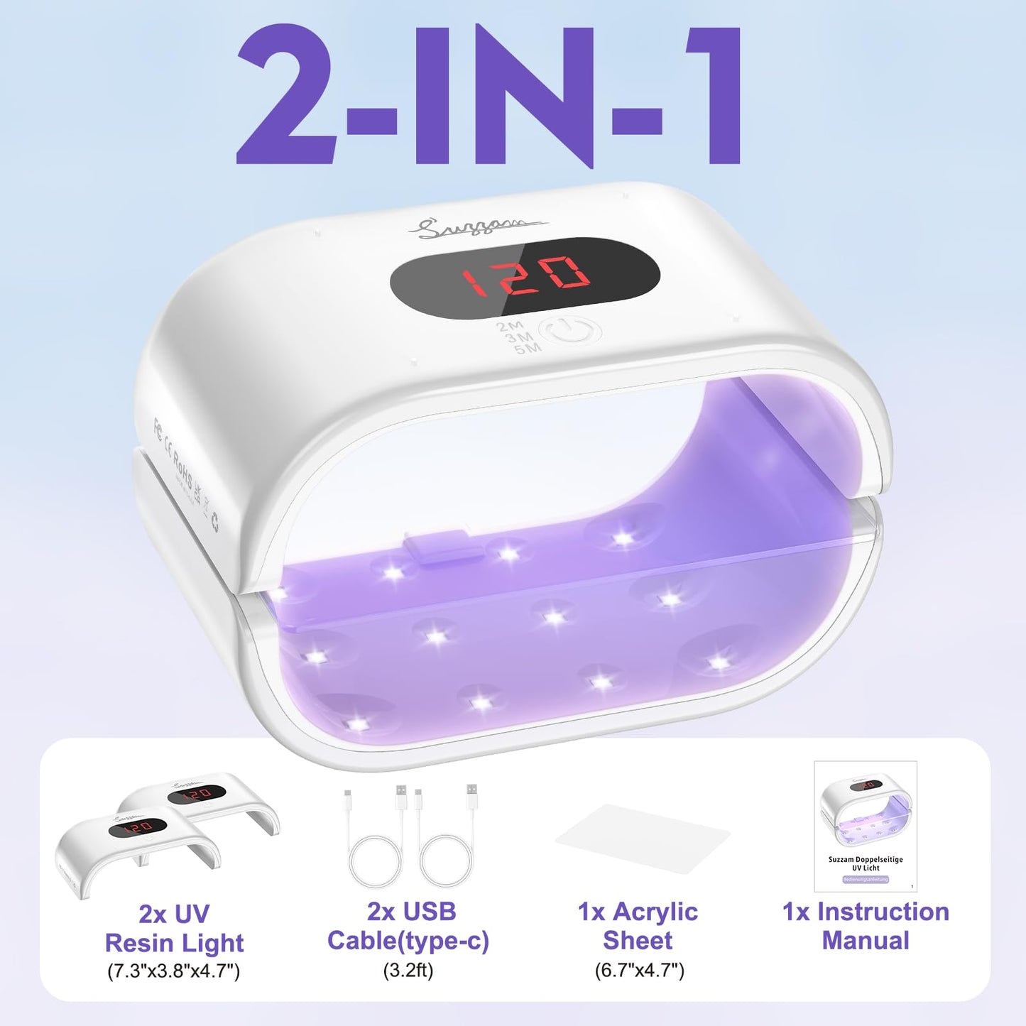 Suzzam UV Light for Resin, Large Double-Sided UV Resin Light, 2 in 1 & Split Usageable, 360° Wide Coverage & 3 Timer Settings Digital Display Screen, 36W Fast Curing for DIY Crafts