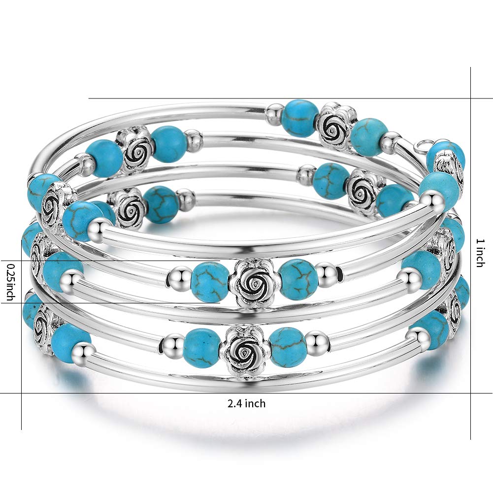 BULINLIN Wrap Bangle Rose Bead Bracelet - Beaded Bracelet with Natural Agate Stone Gifts For Women(01-Turquoise)