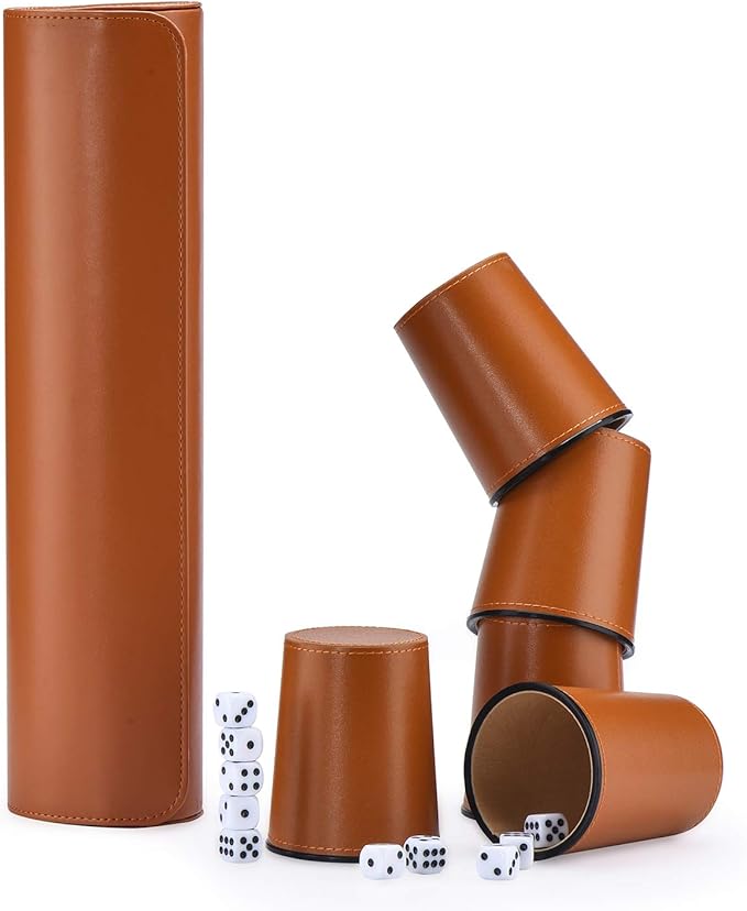 Leather Dice Cup Set, 5 Black Dice Cups + 25 Dices + Exclusive Storage and Transport Case Made of Faux Leather (Orange)