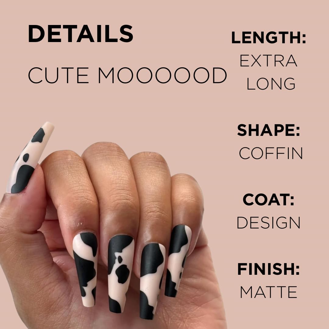 CUTE MOOOOOD Premium Press-On Nails by Lavaa Beauty | Extra-Long Coffin | Black Animal Print on Matte Nude Base