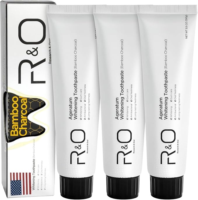 R&O Ageratum Whitening Toothpaste with Bamboo Charcoal, 3.53 oz - Removes Stubborn Stains, Great for Teeth Whitening, Reduces Plaque, Promotes Oral Health with Long - Lasting Fresh Breath (3 Tubes)