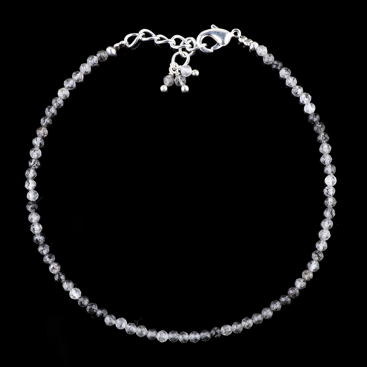 Gempires Handmade Black Rutilated Quartz Gemstone Beaded Bracelet for Women | 2.4–2.5 mm Faceted Natural Stone | Adjustable 7+1 Inch Silver Plated Chain | Dainty Minimalist Stacking Jewelry | Unique Crystal Gift