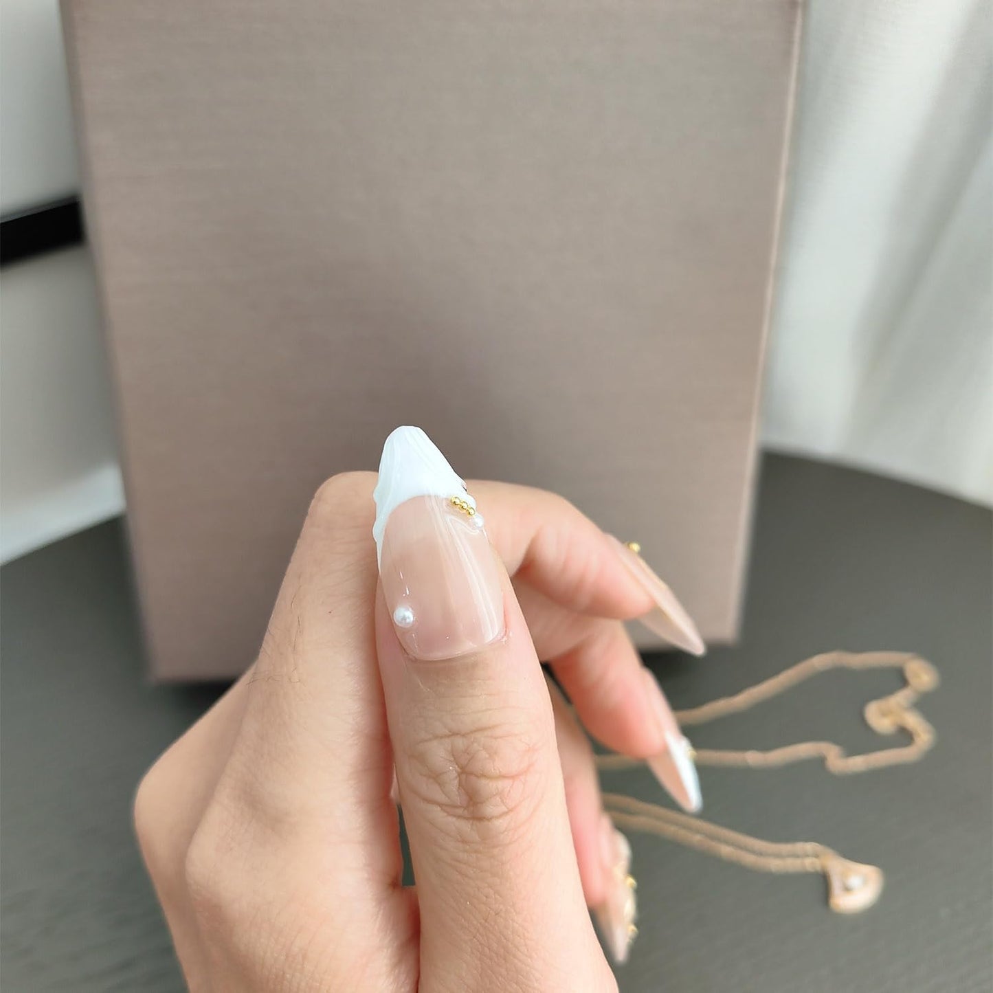 10Pcs Medium Almond Handmade Press On Nails | Easy Apply & Remove, Reusable Salon Quality Nails | Elegant Nude Fake Nails with 3D Floral, Wave French Tip & Pearl Gold Bead Accents(5U13, S)