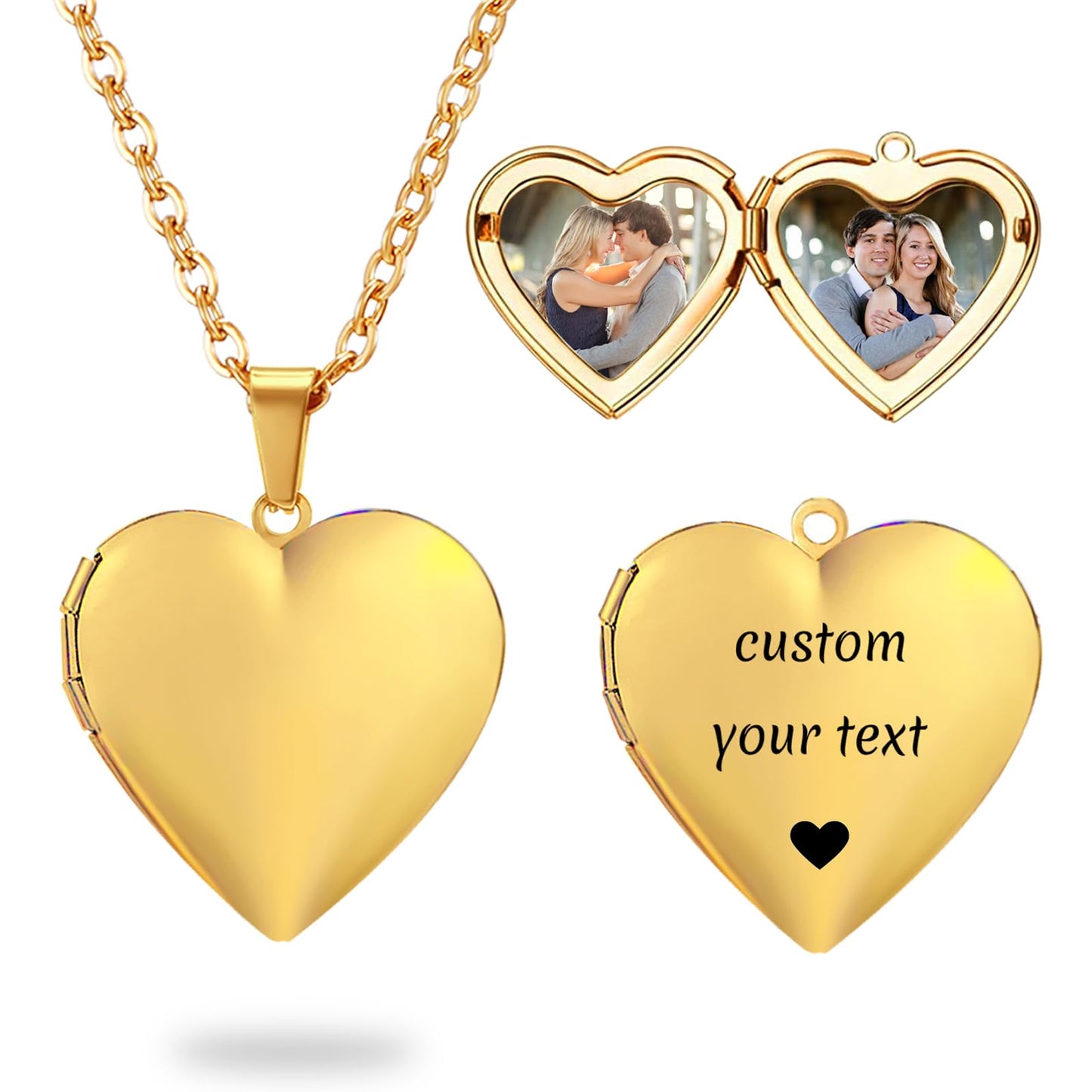 PHOCKSIN Glossy Gold Heart Lockets Personalized Locket Necklace for Women Custom Photo Picture Locket with Text & Symbols Engraved Customized Gifts