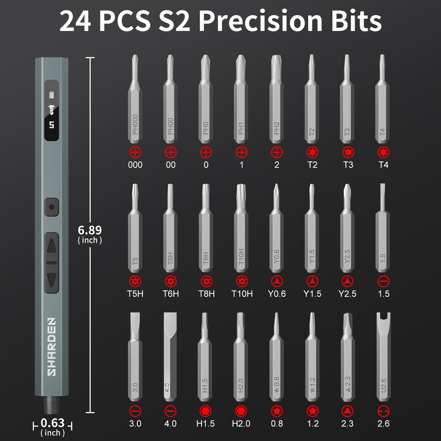 SHARDEN 29 IN 1 Upgraded MIni Electric Screwdriver, 24 S2 Preicison Bits, 5-gear Torque Adjustment, with screen, Power Screwdriver Repair Tool Kit for PC, Electronic. Tech